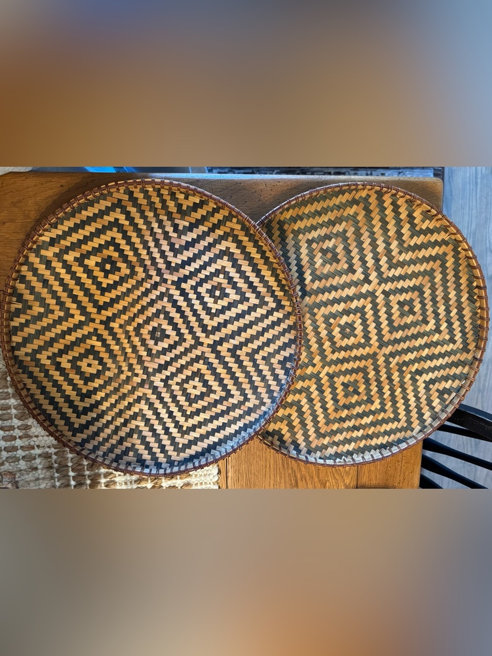 Handwoven Decorative Woven Tray Set - Natural and Dark Brown